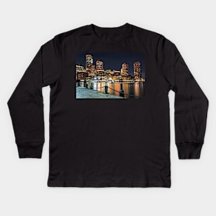 Boston Waterfront Boston Skyline Boston MA Harbor Towers Kids Long Sleeve T-Shirt